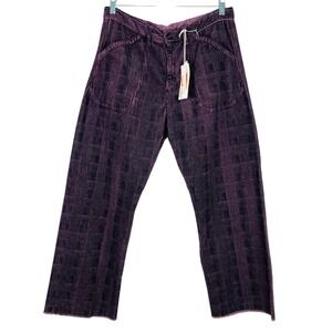 Massimo Alba Squalo Wide Leg Corduroy Pants Raw Hem Plum Plaid Size 48 Waist 33